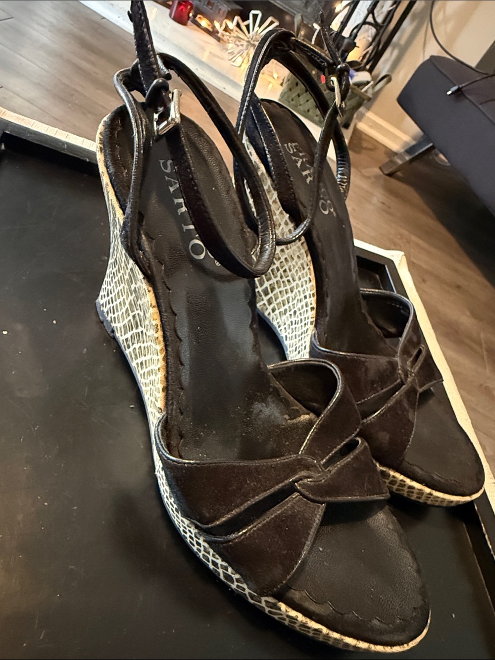 SARTO By Franco Sarto Black Suede Knot Front Wedge Sandals